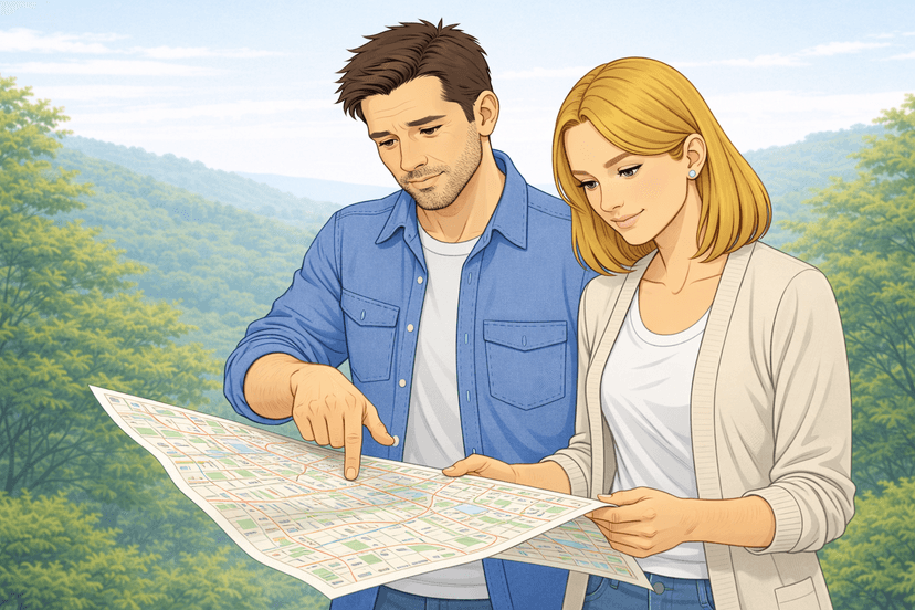 Uomo e donna che consultano una cartina